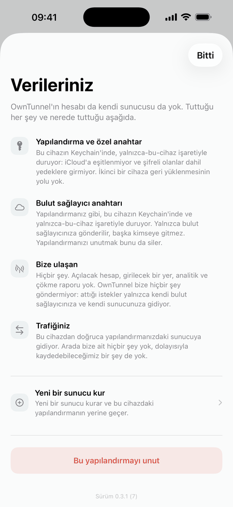 Uygulamanın “Verileriniz” ekranı: yapılandırmanın, özel anahtarın ve bulut anahtarının nerede durduğunu, OwnTunnel’a ne ulaştığını (hiçbir şey) ve trafiğin nereye gittiğini sayan liste ile “Bu yapılandırmayı unut” düğmesi.